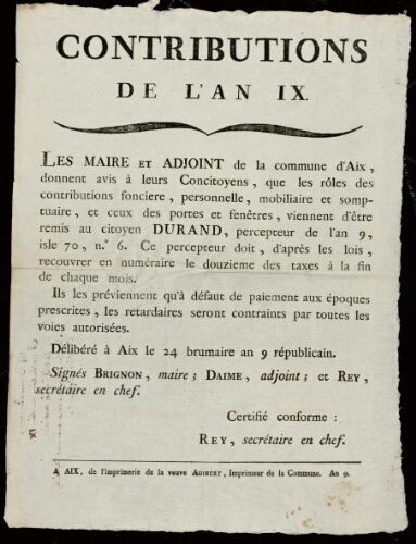 Contributions de l'an IX / Brignon, Maire ; Daime, adjoint