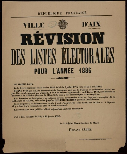 Révision des listes électorales pour l'année 1886 / Ville d’Aix