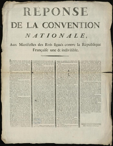 Réponse de la Convention Nationale, aux manifestes des Rois ligués contre la République Française une & indivisible