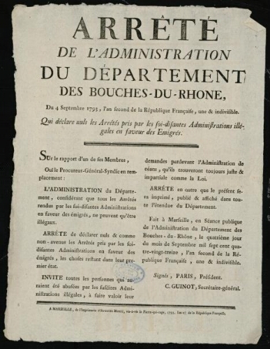 Arrêté de l'administration du département des Bouches-du-Rhône... qui déclare nuls les arrêtés pris par les soi-disantes administrations illégales en faveur des émigrés