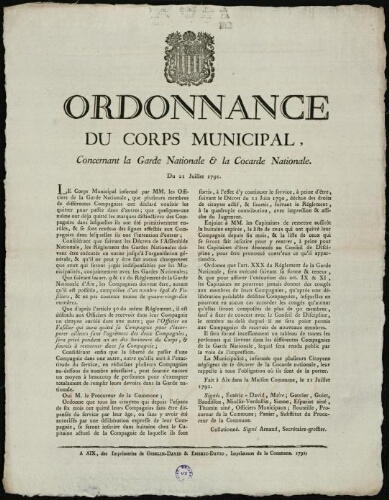 Ordonnance du corps municipal, concernant la Garde nationale & la cocarde nationale. Du 21 juillet 1791 / [Mairie d’Aix]