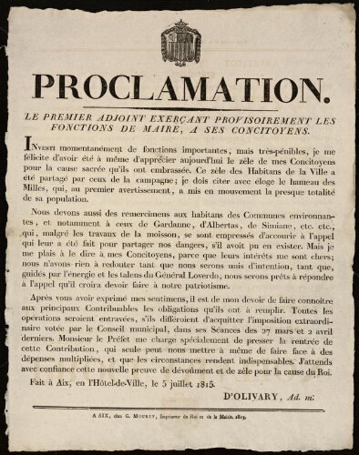 Proclamation. Le premier adjoint exerçant provisoirement les fonctions de maire, à ses concitoyens / Mairie d'Aix