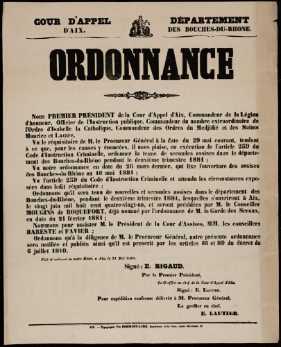 Ordonnance [assises du deuxième trimestre 1881]. Cour d'appel d’Aix. Département des Bouches-du-Rhône