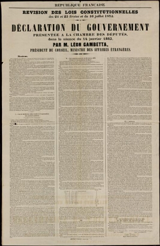 Révision des lois constitutionnelles des 24 et 25 février et du 16 juillet 1875. Déclaration du gouvernement présentée à la chambre des députés, dans la séance du 14 janvier 1882, par M. Léon Gambetta, président du conseil...