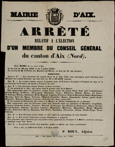 Arrêté relatif à l'élection d'un membre du conseil général du canton d'Aix (Nord) / Mairie d'Aix