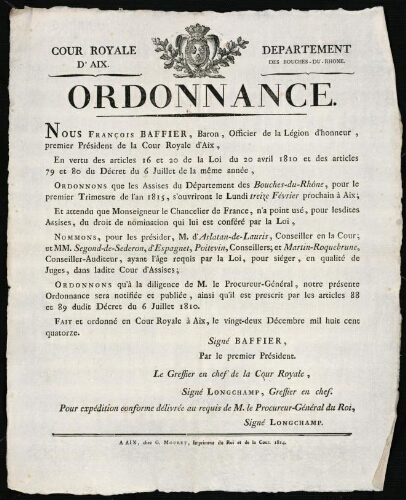 Ordonnance / Cour royale d'Aix. Département des Bouches-du-Rhône