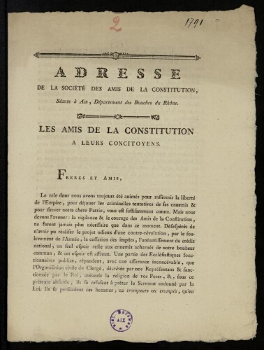 Adresse de la Société des Amis de la Constitution, séante à Aix, Département des Bouches-du-Rhône, à leurs concitoyens