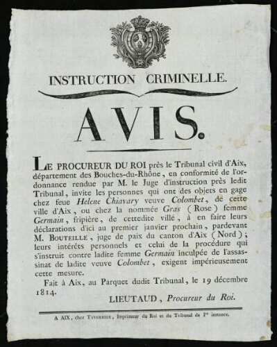 Tribunal civil d'Aix. Département des Bouches-du-Rhône. Instruction criminelle. Avis