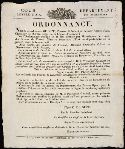 Ordonnance / Cour royale d'Aix. Département des Basses-Alpes