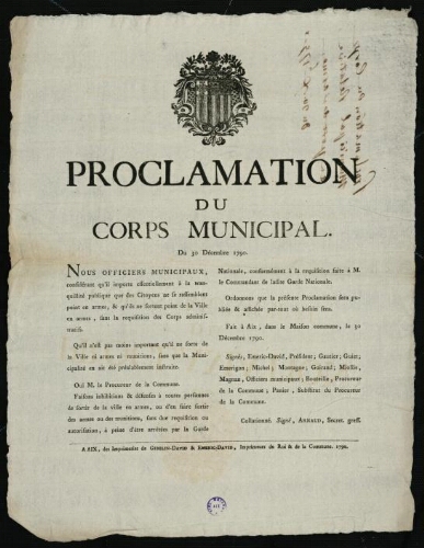 Proclamation du corps municipal. Du 30 décembre 1790 / [Mairie d’Aix]