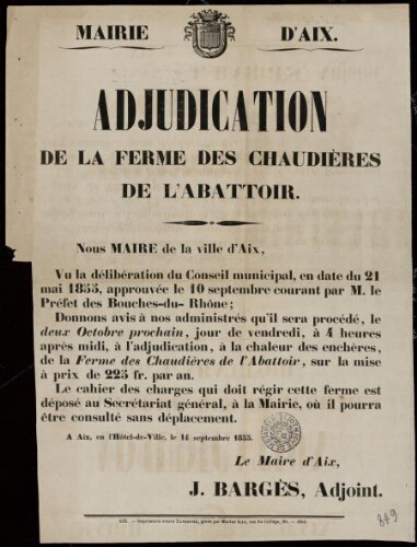 Adjudication de la ferme des chaudières de l'abattoir / Mairie d'Aix