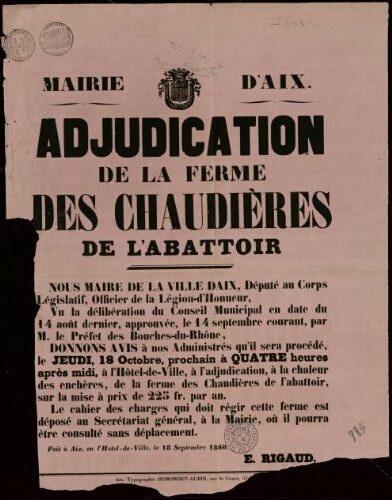 Adjudication de la ferme des chaudières de l'abattoir / Mairie d'Aix