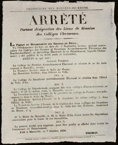 Arrêté portant désignation des lieux de réunion des collèges électoraux / Préfecture des Bouches-du-Rhône
