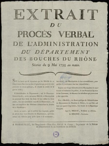 Extrait du procès-verbal de l'administration du département des Bouches-du-Rhône. Séance du 9 mai 1793 au matin