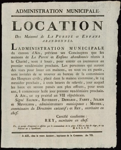 Location des maisons de La Pureté et Enfans abandonnés / Administration municipale du Canton d'Aix