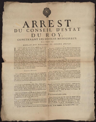 Arrest du Conseil d'Estat du Roy, concernant les offices municipaux. Du 17 décembre 1737