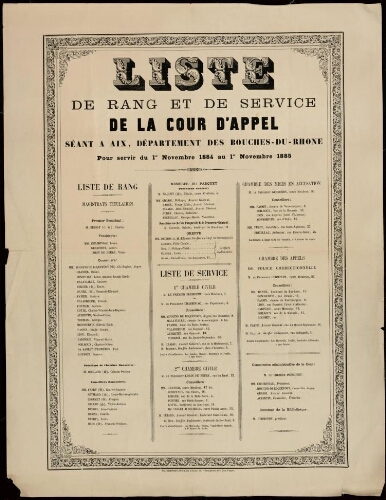 Liste de rang et de service de la cour d'appel séant à Aix, département des Bouches-du-Rhône pour servir du 15 octobre 1884 au 15 octobre 1885