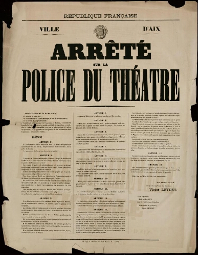 Arrêté sur la police du théâtre / Ville d’Aix