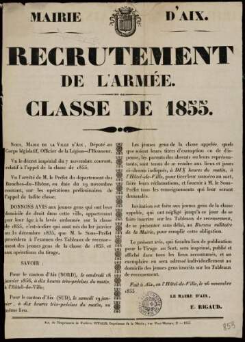 Recrutement de l'armée. Classe de 1855 / Mairie d'Aix