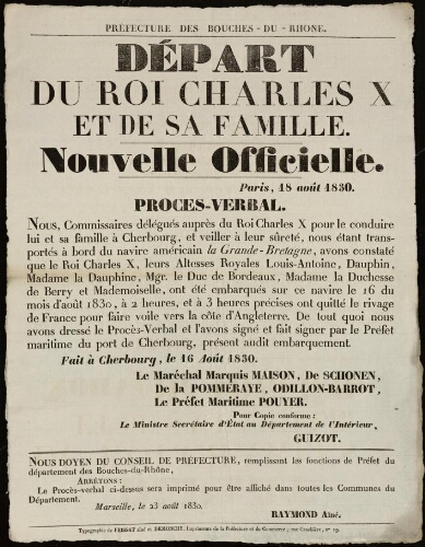 Départ du roi Charles X et de sa famille. Nouvelle officielle / Préfecture des Bouches-du-Rhône