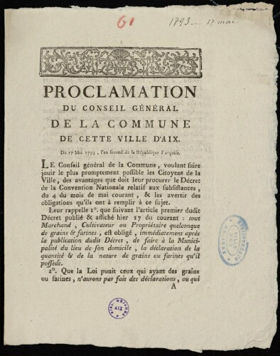 Proclamation du conseil Général de la commune de cette ville d'Aix