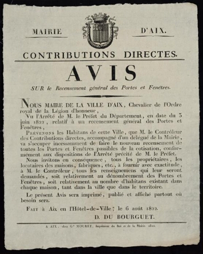 Contributions directes. Avis sur le recensement général des portes et fenêtres / Mairie d'Aix