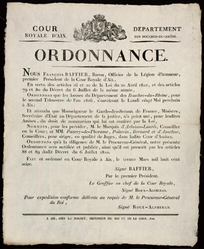 Ordonnance... Les assises du département des Bouches-du-Rhône s’ouvriront... / Cour royale d'Aix