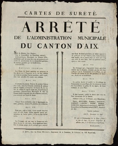 Arrêté de l'Administration municipale du Canton d'Aix