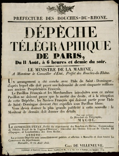 Dépêche télégraphique de Paris du 11 août ... Le ministre de la Marine à M... le Préfet / Préfecture des Bouches-du-Rhône