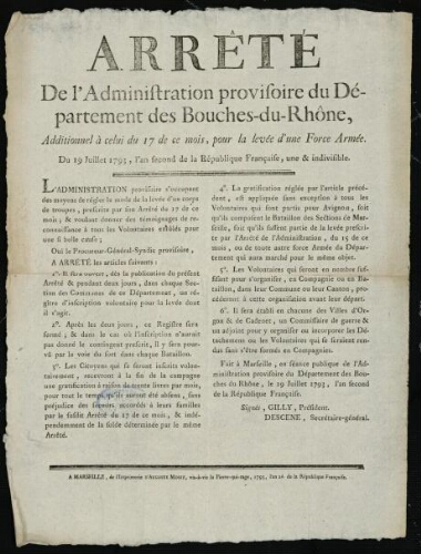 Arrêté de l'administration provisoire du département des Bouches-du-Rhône, additionnel à celui du 17 de ce mois, pour la levée d'une force armée