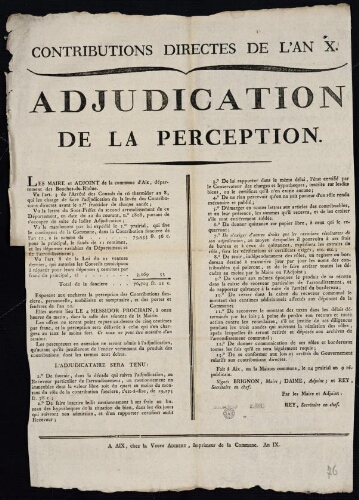 Contributions directes de l'an X .  Adjudication de la perception / Mairie d'Aix