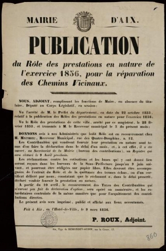 Publication du rôle des prestations en nature de l'exercice 1856, pour la réparation des chemins vicinaux / Mairie d'Aix