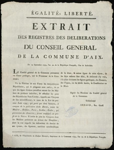Extrait des registres des délibérations du conseil général de la commune d'Aix