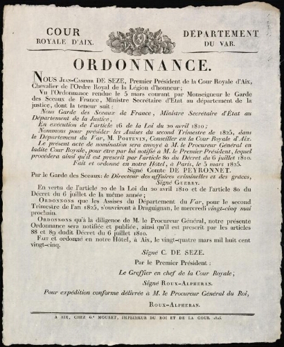 Ordonnance / Cour royale d'Aix. Département du Var