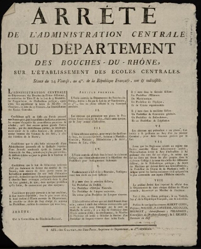 Arrêté de l'Administration centrale du département des Bouches-du-Rhône, sur l'établissement des écoles centrales