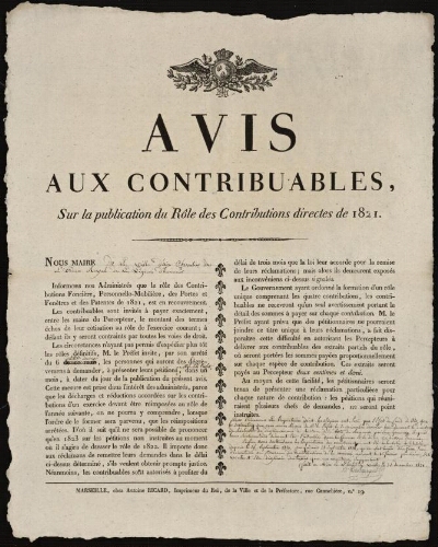 Avis aux contribuables sur la publication du rôle des contributions directes de 1821 / Mairie d'Aix