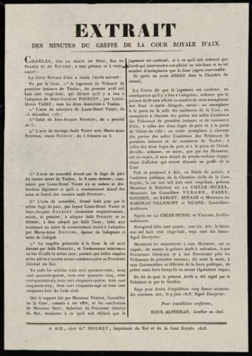 Extrait des Minutes du Greffe de la Cour royale d'Aix / Cour royale d'Aix. Département des Bouches-du-Rhône