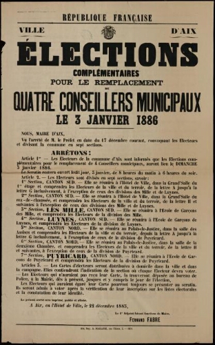 Elections complémentaires pour le remplacement de quatre conseillers municipaux le 3 janvier 1886 / Ville d’Aix