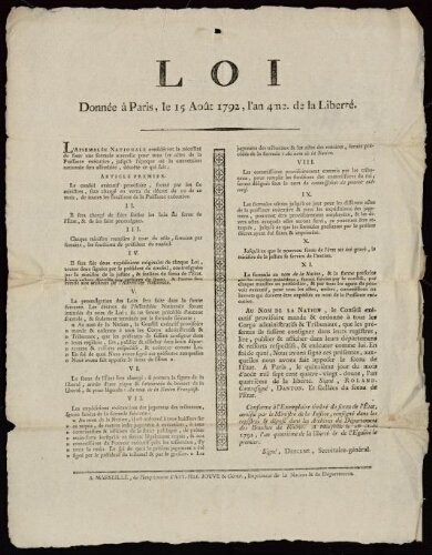 Loi donnée à Paris, le 15 août 1792, l'an 4me de la liberté