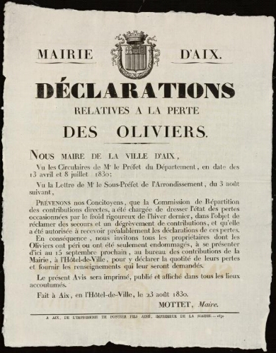 Déclarations relatives à la perte des oliviers / Mairie d'Aix
