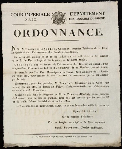 Ordonnance / Cour impériale d'Aix