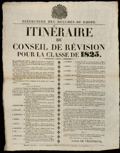 Itinéraire du Conseil de révision pour la classe de 1825 / Préfecture des Bouches-du-Rhône