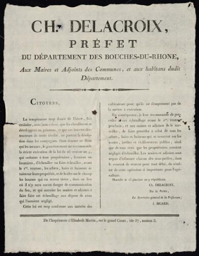 Ch. Delacroix, préfet du département des Bouches-du-Rhône, aux maires et adjoints des communes, et aux habitants dudit département