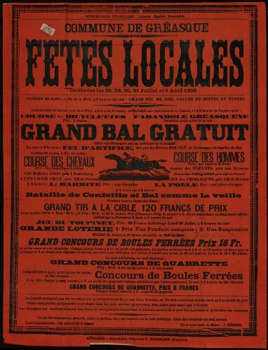 Fêtes locales célébrées les 28, 29, 30 et 31 juillet et 5 août 1906 / Mairie de Gréasque
