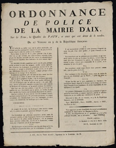 Ordonnance de police... sur la taxe, la qualité du pain, et ceux qui ont droit de le vendre / Mairie d'Aix