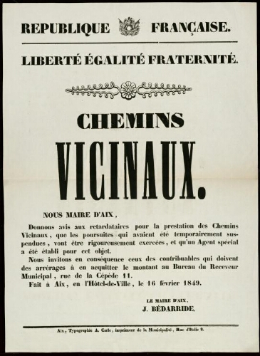 République française. Liberté, égalité, fraternité. Chemins Vicinaux . Nous Maire d’Aix.... / [Mairie d’Aix]