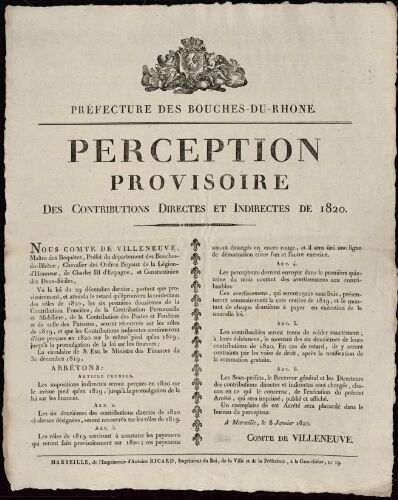 Perception provisoire des contributions directes et indirectes de 1820 / Préfecture des Bouches-du-Rhône