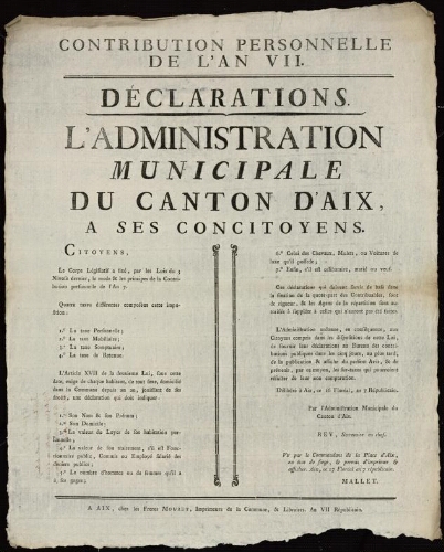 Contribution personnelle de l'an VII. Déclarations. L'Administration municipale du Canton d'Aix, à ses concitoyens