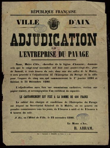 Adjudication de l'entreprise de pavage / Ville d’Aix
