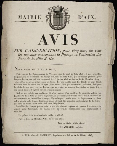 Avis sur l'adjudication, pour cinq ans, de tous les travaux concernant le pavage et l'entretien des rues de la ville d'Aix / Mairie d'Aix